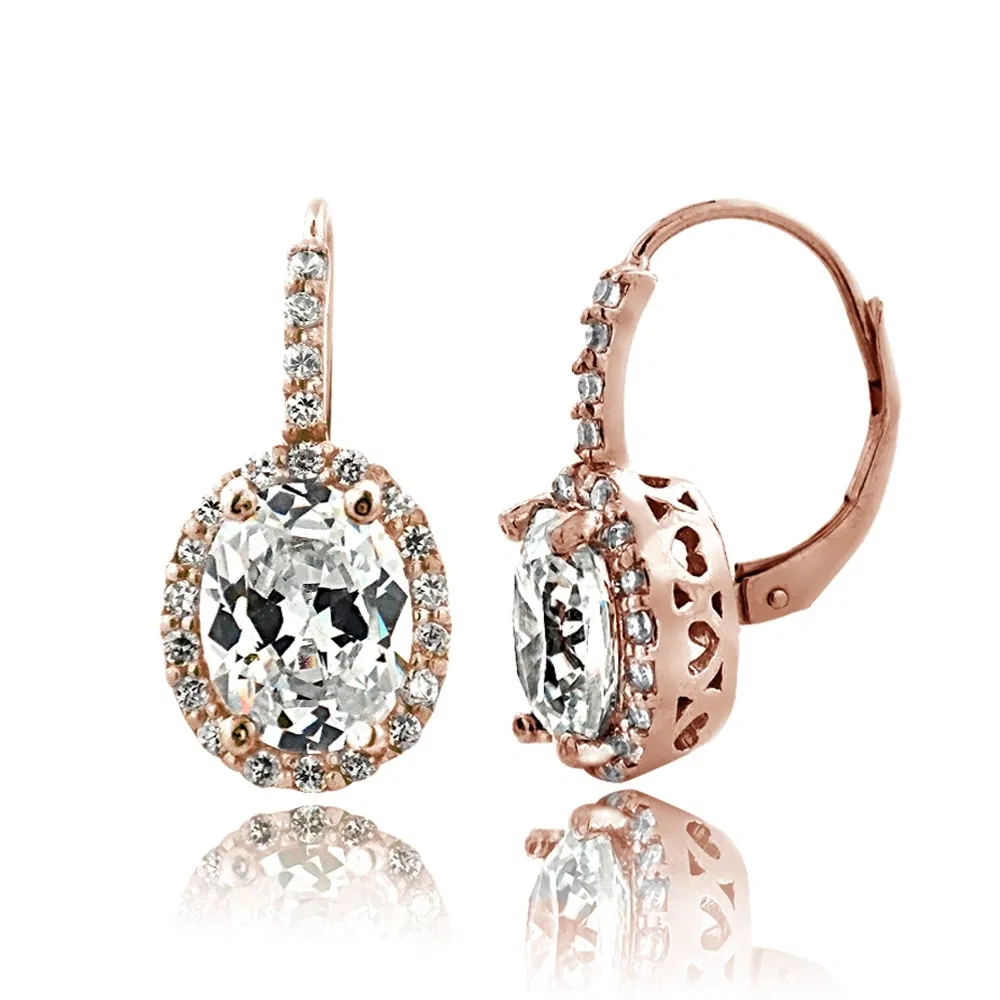 Rose Gold Tone 4ct CZ Oval Halo Leverback Earrings - Grocery
