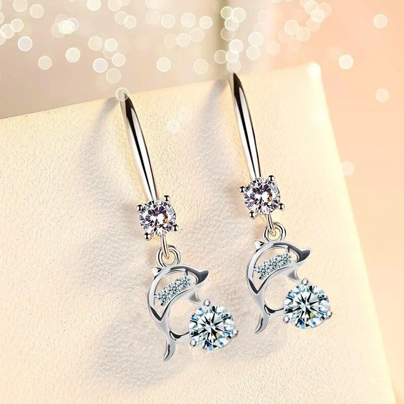 925 Silver Plating Cute White Dolphin Drop Earrings For Women Animal Earrings Jewelry - Grocery