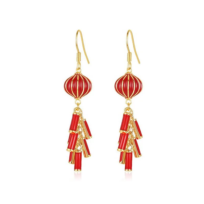 New Year Earrings Lantern Firecracker Tassel Earrings Silver Plated Jewelry New Year Celebration Gifts For Women Party Holiday Decor 1Pair - Grocery