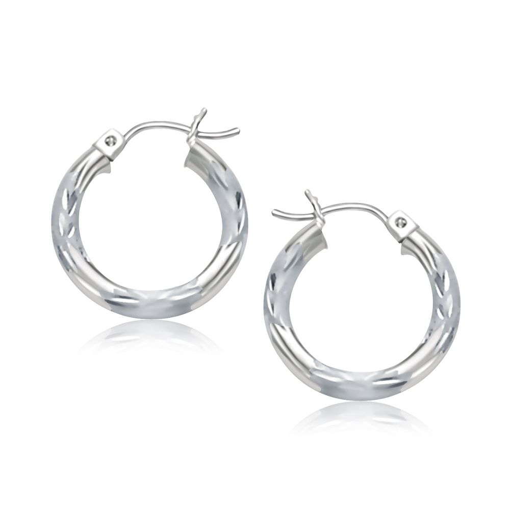 14k White Gold Hoop Earrings with Diamond Cuts (3x15mm) - Grocery