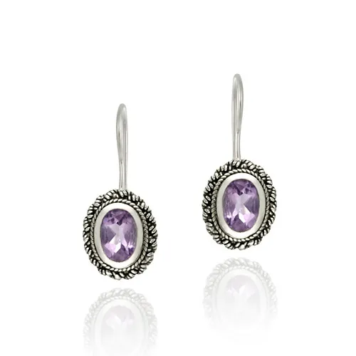 Sterling Silver Amethyst & Bali Bead Oval Leverback Earrings - Grocery