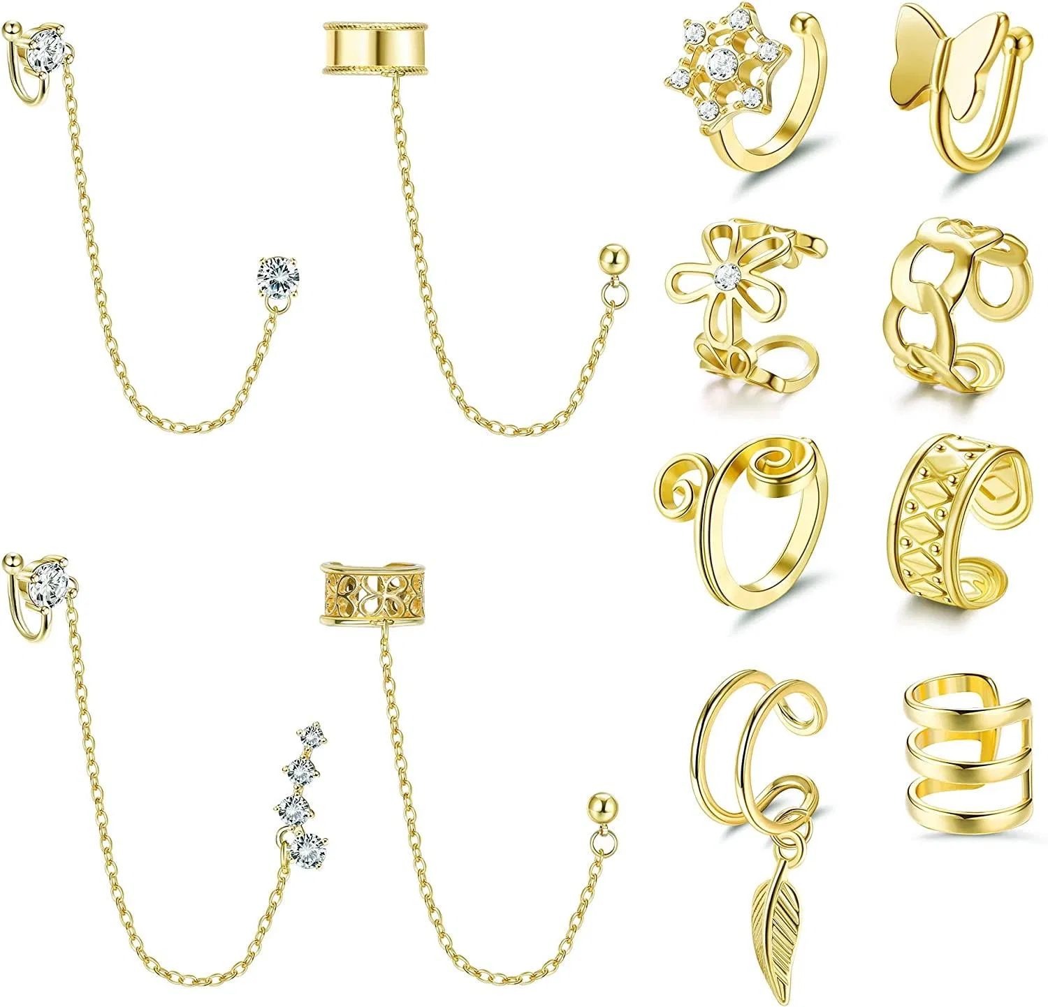 12Pcs Non Piercing Cuff Earrings for Women Long Chain Crawler Earrings Studs Leaf Flower Butterfly Ear Cuff Clip On Helix Cartilage Earrings Set - Grocery