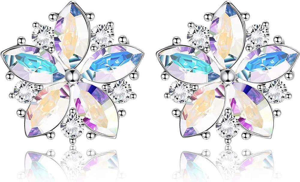 18k White Gold Cherry Blossom Flower Stud Earrings for Women 12mm Austria Aurora Crystals Sakura Earrings Birthday Anniversary Jewelry - Grocery
