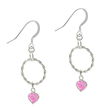 Sterling Silver Pink CZ Heart & Twist Hoop Dangle Earrings - Grocery