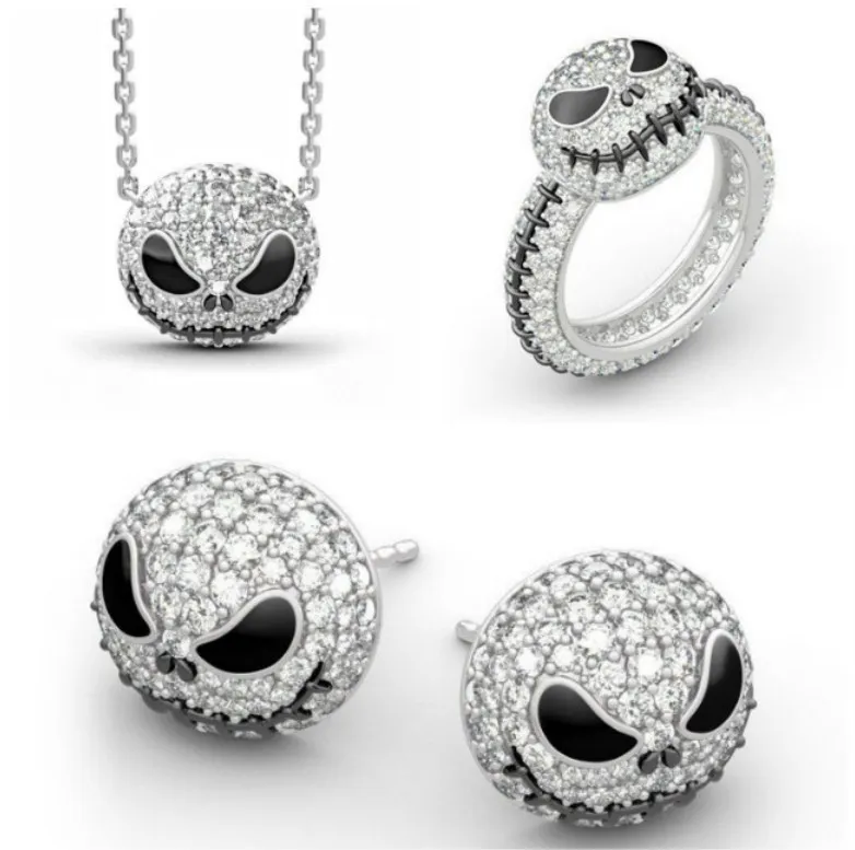 3 piece Skull Stud Halloween Earrings Necklace Ring Set - Grocery