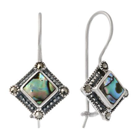 Sterling Silver Marcasite & Abalone Diamond Shaped Earrings - Grocery