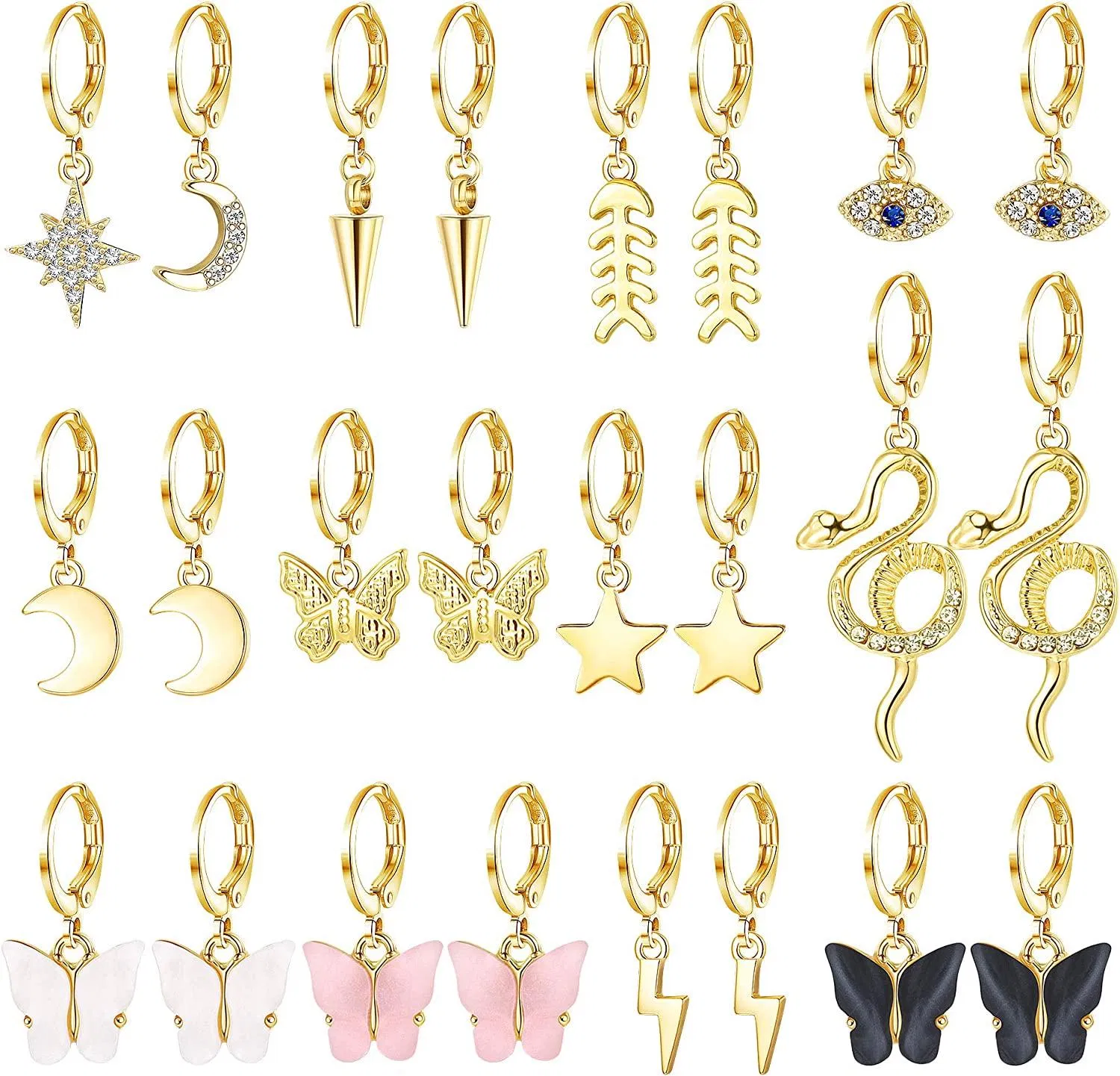 12 Pairs Gold & Earring Sets for Women Dangle Small Hoop Earrings Cute Butterfly Earrings Snake Star Moon Lightning Huggie Hoop Earrings - Grocery