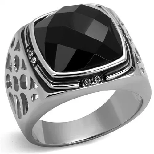 TK2514 - High polished (no plating) Stainless Steel Ring with Synthetic Onyx in Jet - Grocery