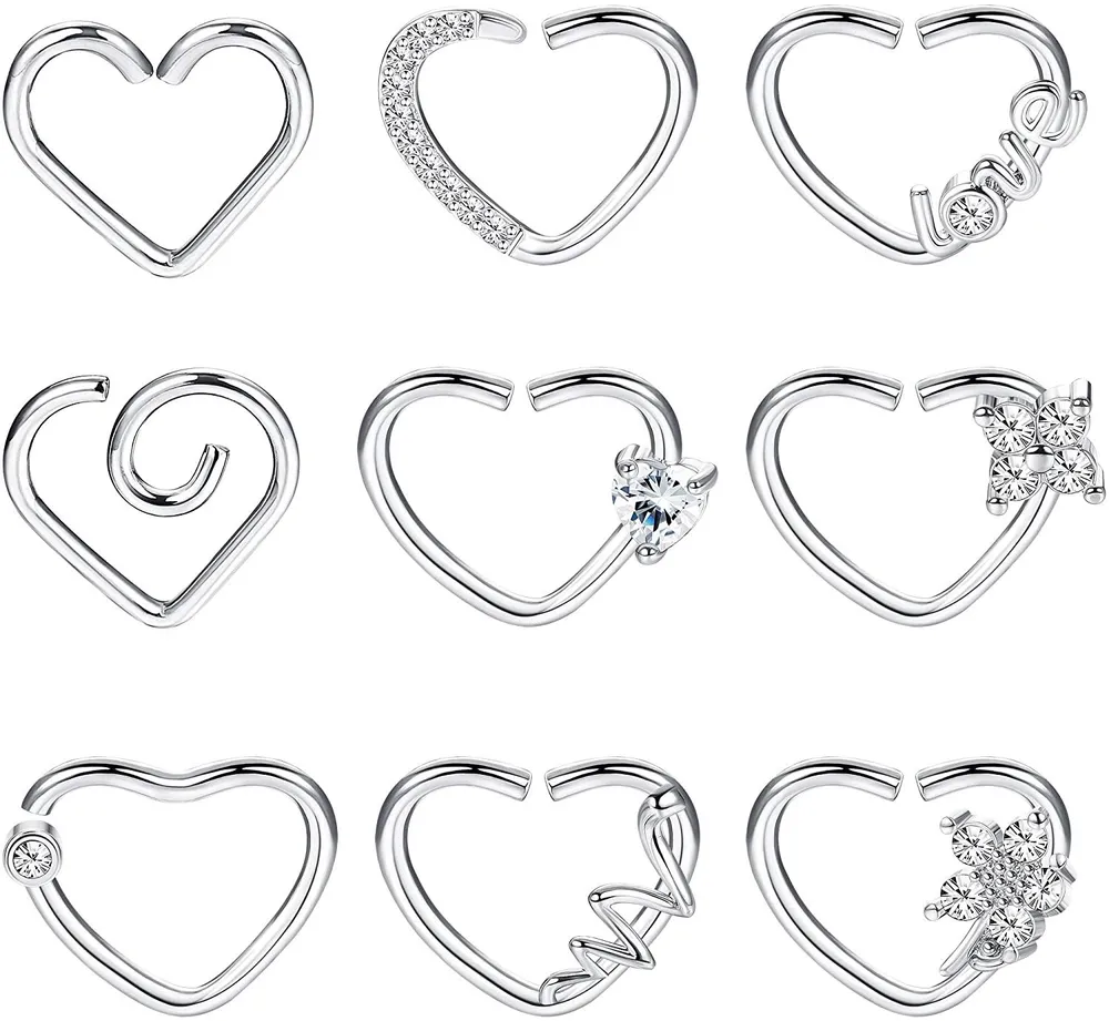 9Pcs Helix Cartilage Earring Tragus Daith Piercing Surgical Steel Heart Nose Ring 16Gauge - Grocery