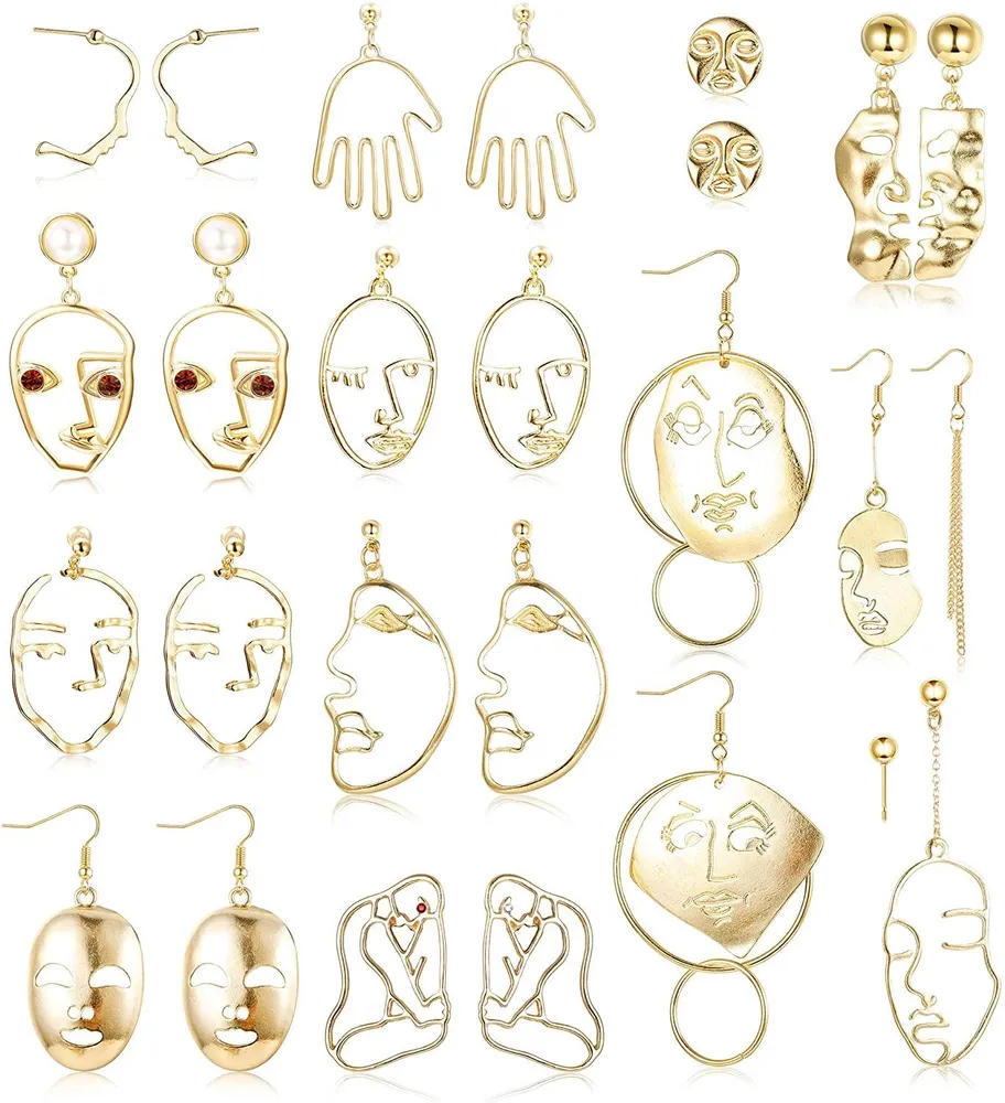 13Pairs Earrings for Women Hollow Face Hand Shaped Drop Dangle Earrings Set Punk Style Fashion Abstract Art - Grocery