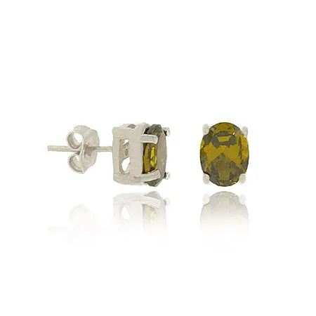 Sterling Silver Olive Green CZ Mini Oval Stud Earrings - Grocery