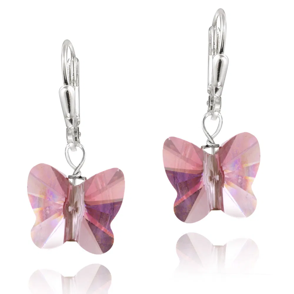 Sterling Silver Pink Swarovski Elements Butterfly Dangle Leverback Earrings - Grocery