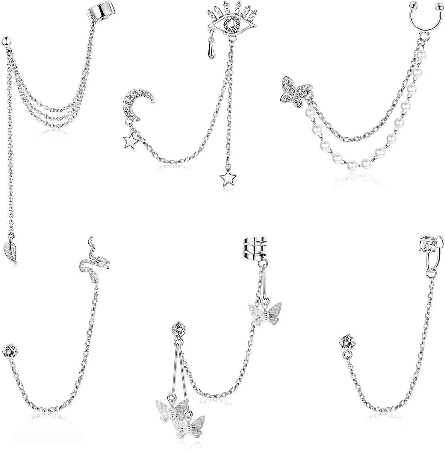 6Pcs Cuff Earring Chain Snake Ear Cuff Butterfly Moon Tassel Chain Earring 316L Stainless Minimalist Earrings For Women Mens Punk Earrings - Grocery