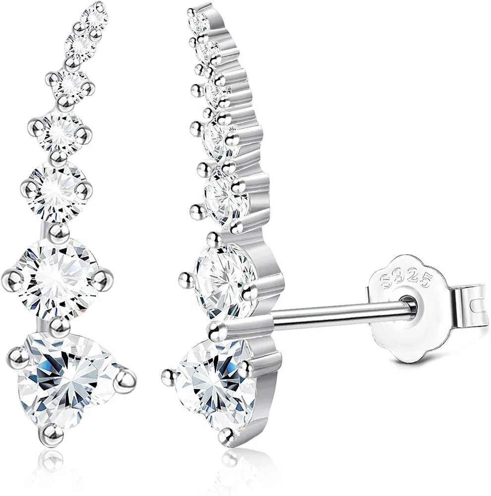 14K Gold Plated Sterling Silver Heart Cubic Zirconia Ear Crawler Earrings Faux Diamond Ear Climber Earrings for Women - Grocery