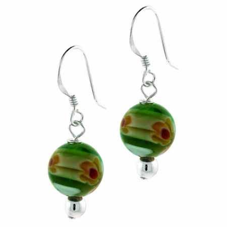 Sterling Silver Green Millefiori Murano Glass Bead Earrings - Grocery