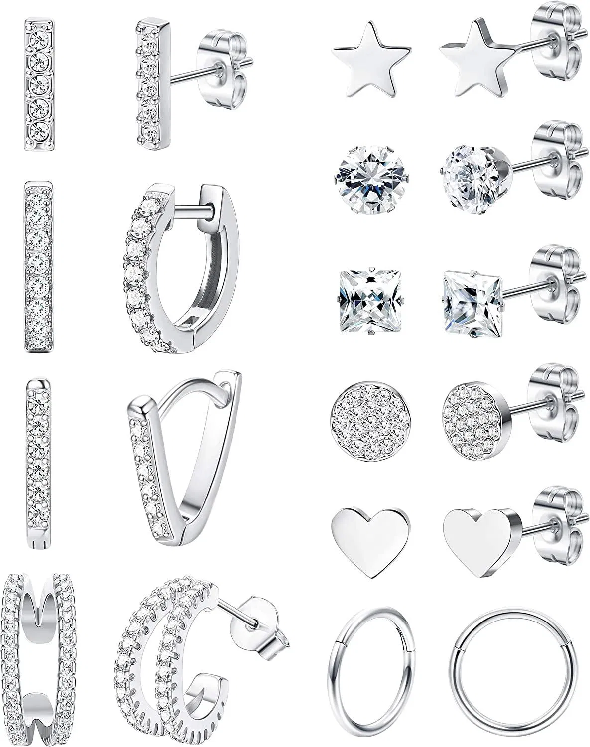 10Pairs Stainless Star Heart Stud Earrings for Women Hoop Huggie Cubic Zirconia Ear Piercing Set - Grocery