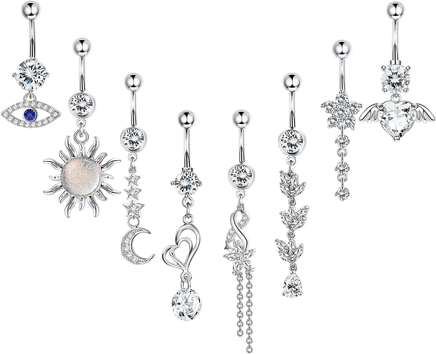 8 Pcs 14G Belly Button Rings Dangling Surgical Belly Rings for Women Girls Evil Eye CZ Navel Rings Barbell Body Piercing Silver Rose Glod - Grocery