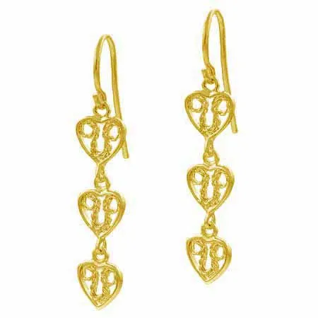 18K Gold over Sterling Silver Filigree Three Heart Dangle Earrings - Grocery