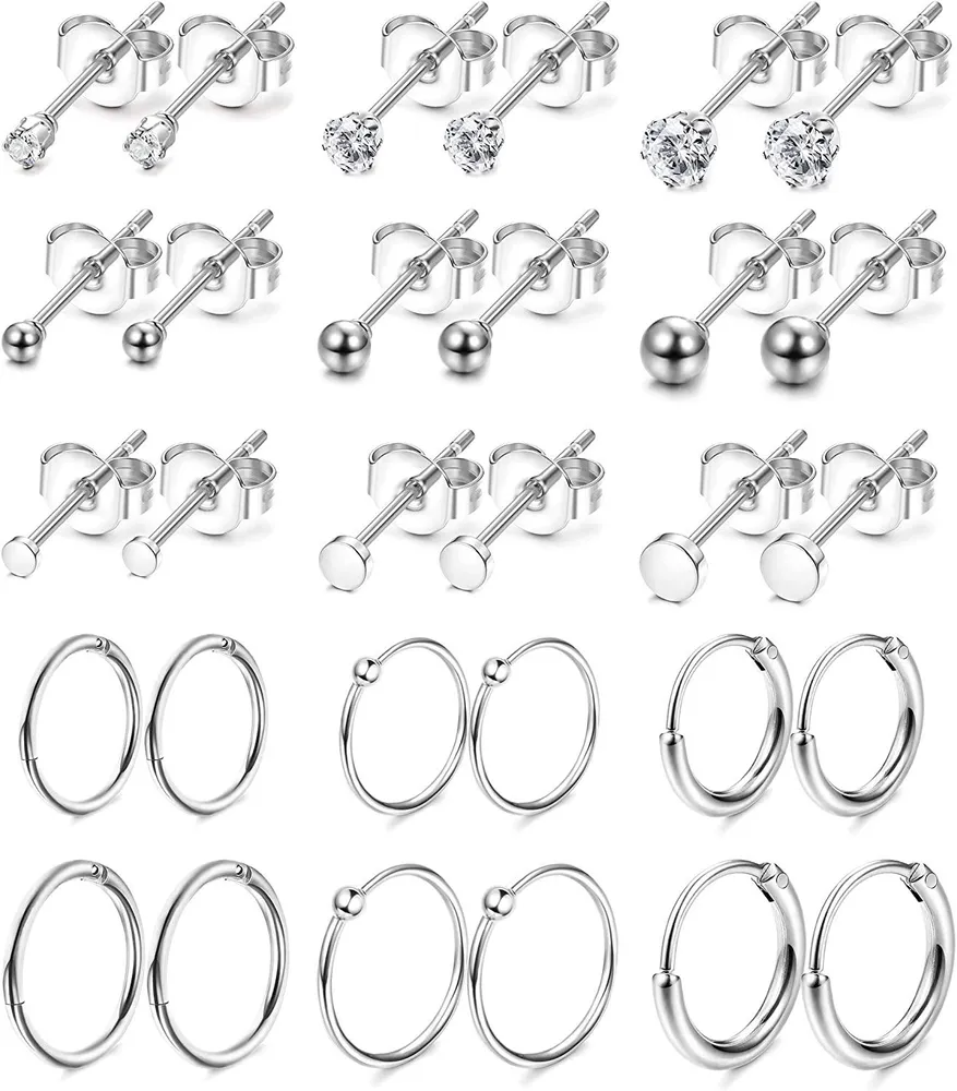 Cartilage Earrings for Men Women Stainless Flat Ball CZ Stud Earrings Hoop Tragus Helix Cartilage Piercing - Grocery