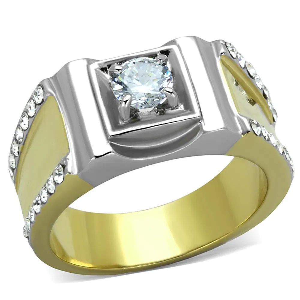 TK2049 - Two-Tone IP Gold (Ion Plating) Stainless Steel Ring with AAA Grade CZ in Clear - Grocery