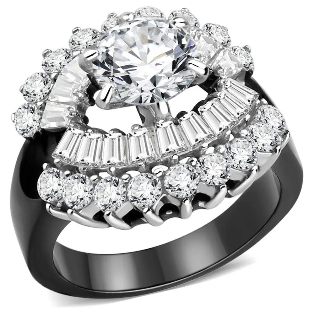 TK1523 - Two-Tone IP Black Stainless Steel Ring with AAA Grade CZ in Clear - Grocery