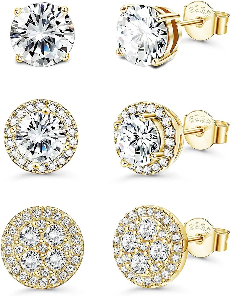 925 Sterling Silver Cubic Zirconia Halo Stud Earrings 18K Gold Plated Brilliant Round Cut CZ Earrings Set for Women Men - Grocery