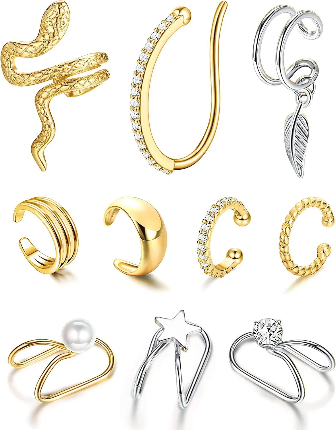 10Pcs Clip On Ear Cuffs for Women Men Gold Silver Dainty Cartilage Helix Ear Wrap Non Piercing Huggie Earring Jewelry - Grocery
