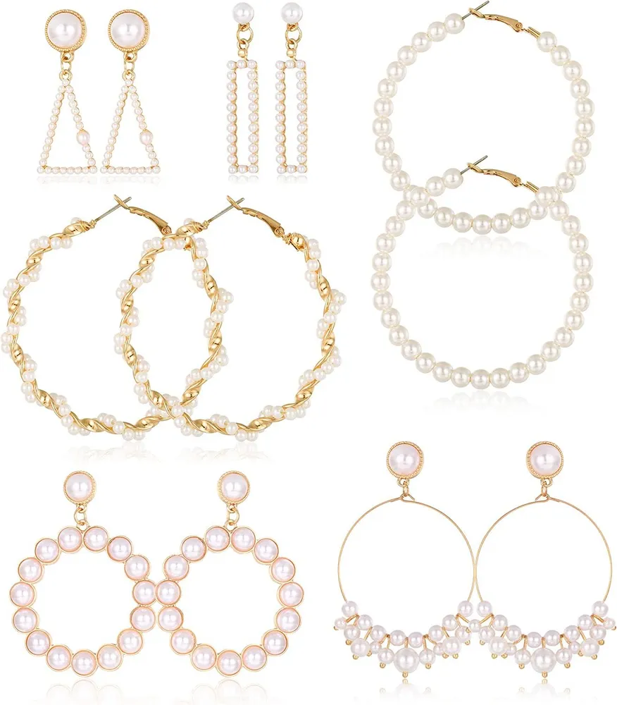 6 Pairs Luxury Pearl Hoop Earrings for Women Drop Statement Earrings Mother's Day Gift - Grocery