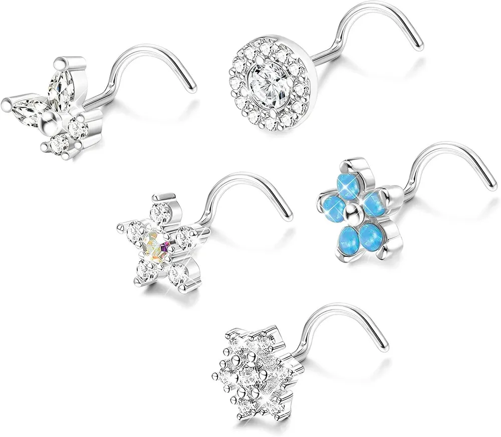 5Pcs 20G Nose Studs Flower Butterfly Nose Rings Screw S Shaped Nose Rings Stud Cute Nose Rings for Women Men - Grocery