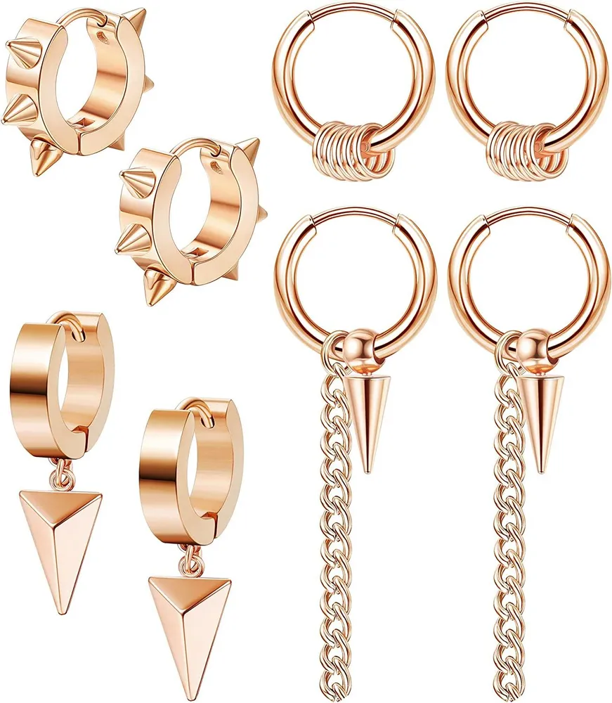 4 Pair Stainless Dangle Earrings for Men Women Hinged Hoop Earrings With Long Chains - Grocery