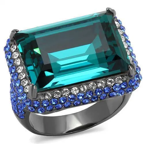 TK2811 - IP Light Black (IP Gun) Stainless Steel Ring with Top Grade Crystal in Blue Zircon - Grocery