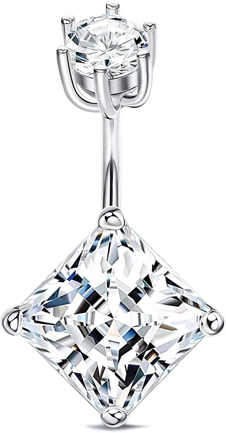 14G Belly Button Rings 925 Sterling Silver Square/Round/Snowflake Cubic Zirconia Navel Barbell Stud Body Piercing Belly Navel Piercing Jewelry - Grocery