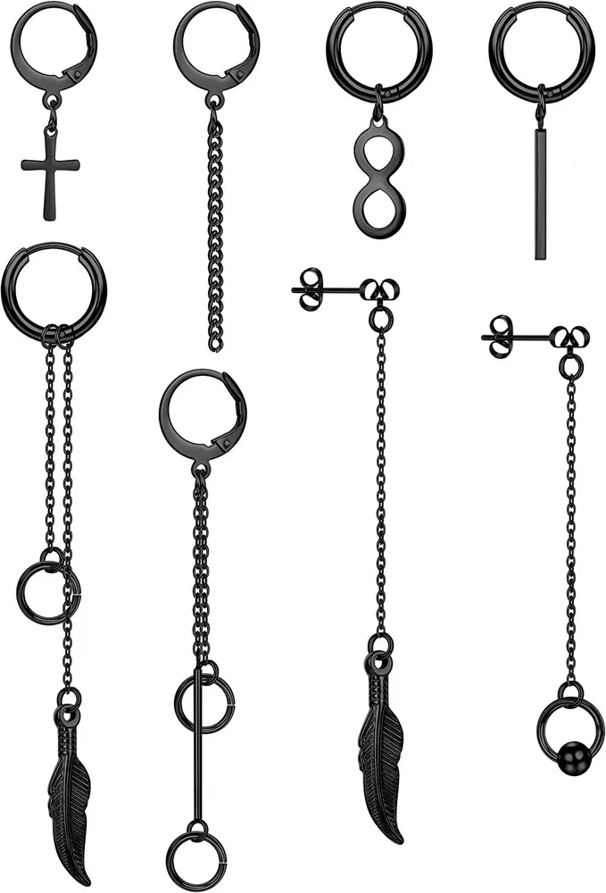 8 Pcs Chain Hoop Dangle Earrings Set for Women Men Stainless Hinged Cross Kpop Feather Long Chain Huggie Hoop Earrings - Grocery