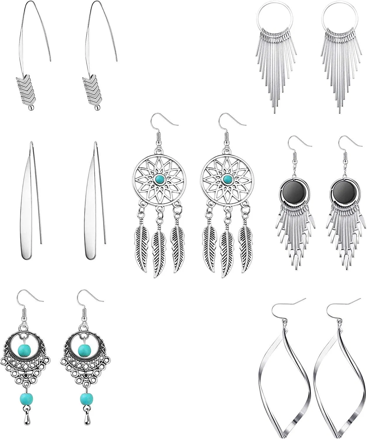 8 Pairs Boho Drop Dangle Earrings Curved Threader Dangle Earrings Fringed Tassel Character Exaggerated Statement Earrings Set for Women; Gold Tone - Grocery