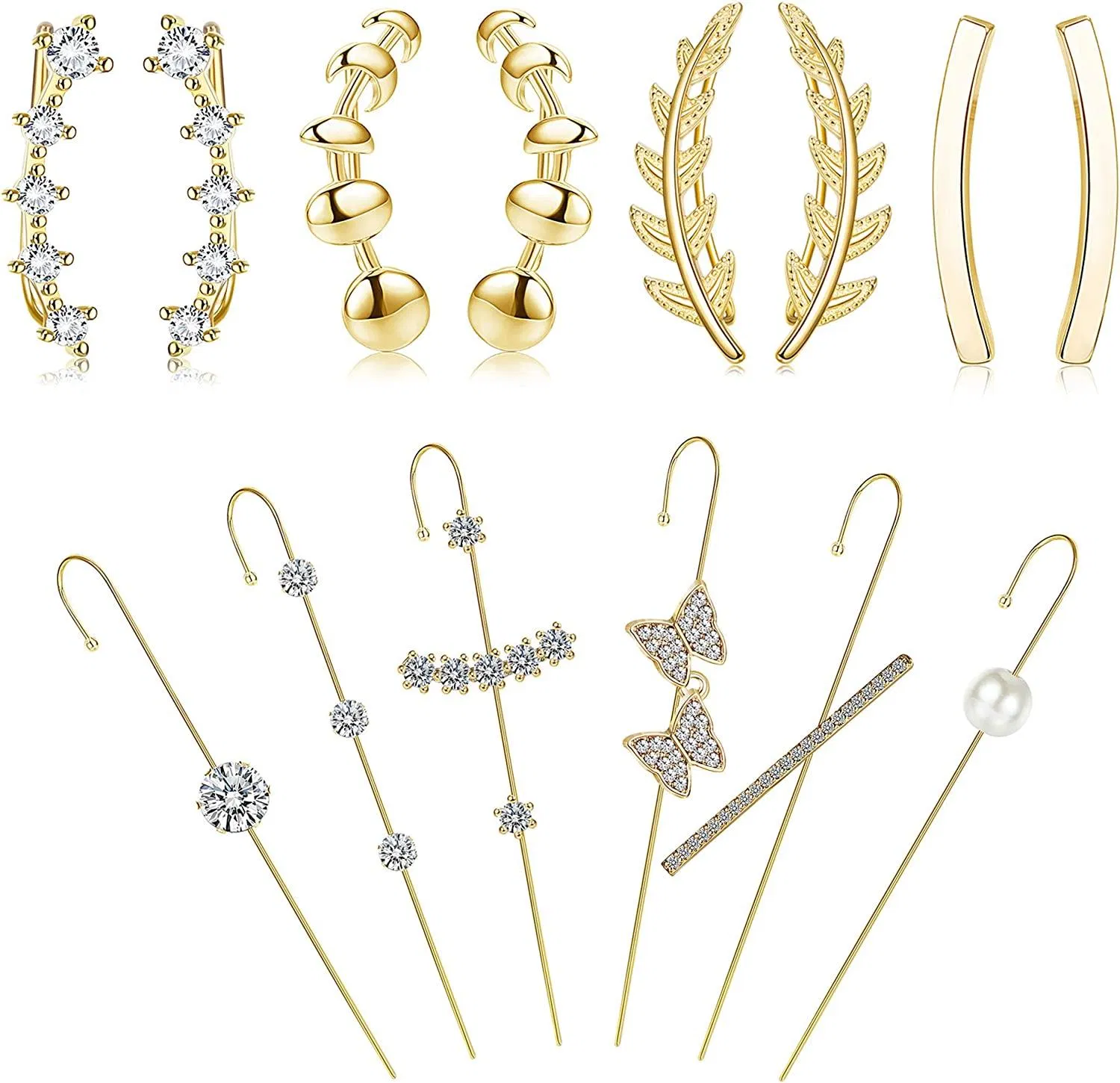 14PCS Ear Wrap Crawler Hook Earrings for Women Ear Cuffs Hoop Climber Earrings CZ Leaf Crawler Arrow Ball Earring Stud Ear Climber Jackets Piercing - Grocery
