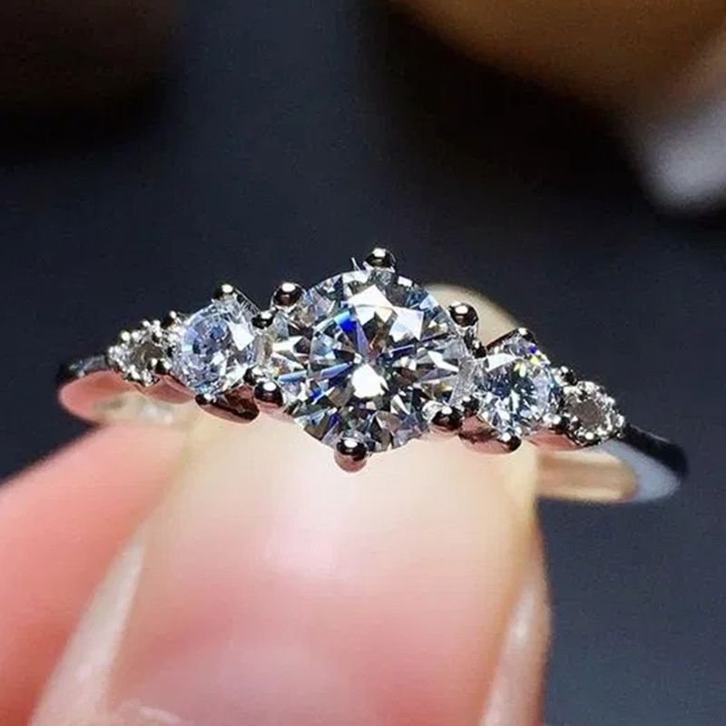 Simple Round Cut Cubic Zirconia Ring Elegant Female Wedding Engagement Jewelry Party Gifts - Grocery
