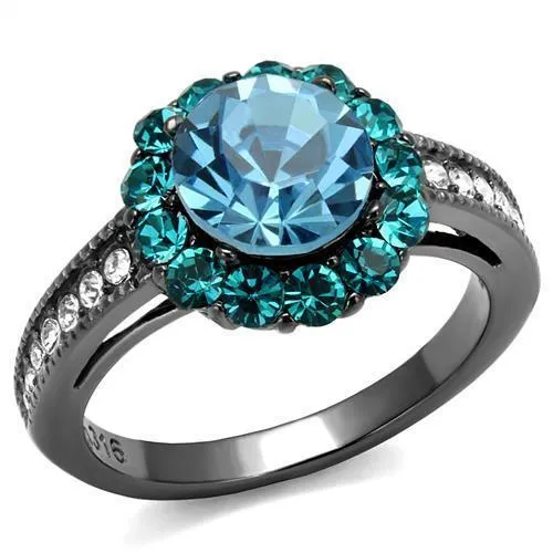 TK2716 - IP Light Black (IP Gun) Stainless Steel Ring with Top Grade Crystal in Sea Blue - Grocery