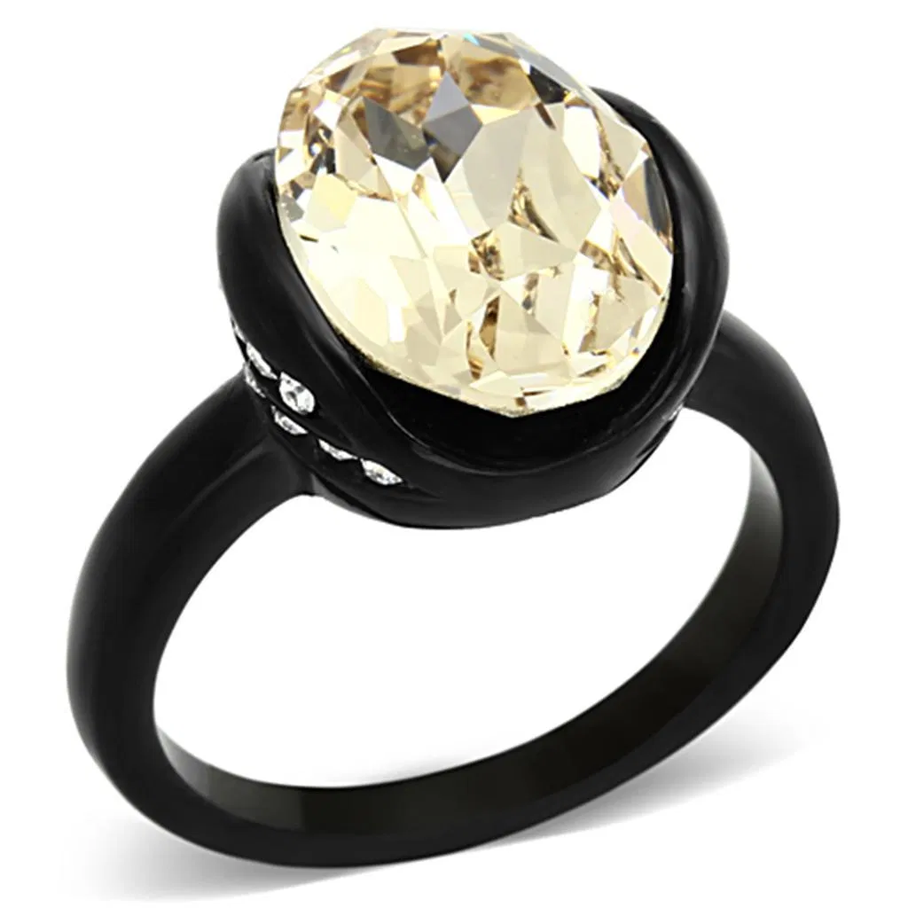 TK1298 - IP Black(Ion Plating) Stainless Steel Ring with Top Grade Crystal in Light Smoked - Grocery