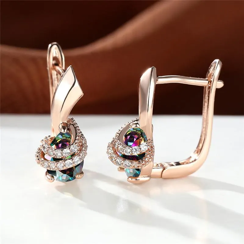 1 Pair Rose Golden Teardrop Cut Purple Stone Clip On Claw Earrings Drop Dangle Spiral Earrings Wedding Jewelry - Grocery