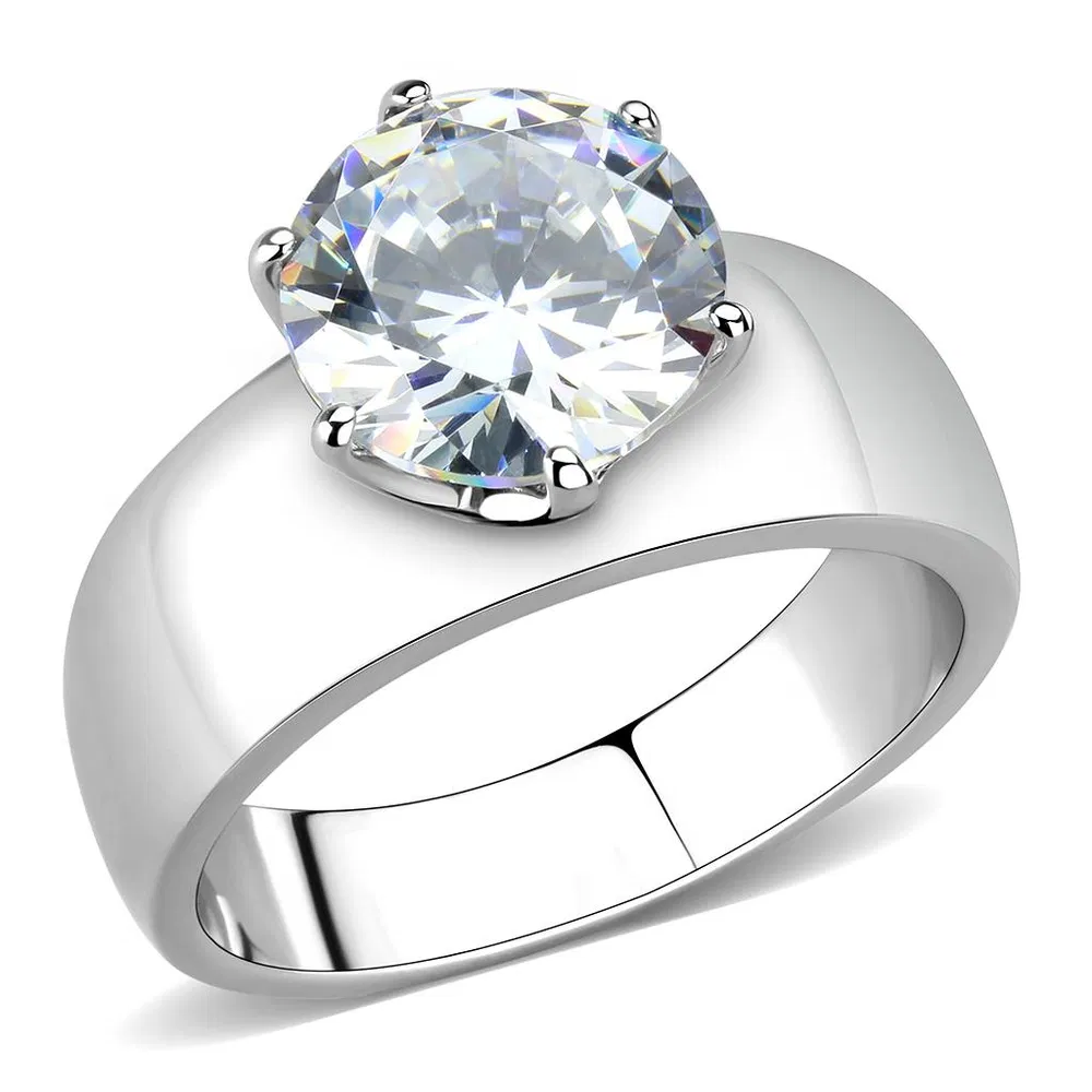 TK52004 - High polished (no plating) Stainless Steel Ring with AAA Grade CZ in Clear - Grocery