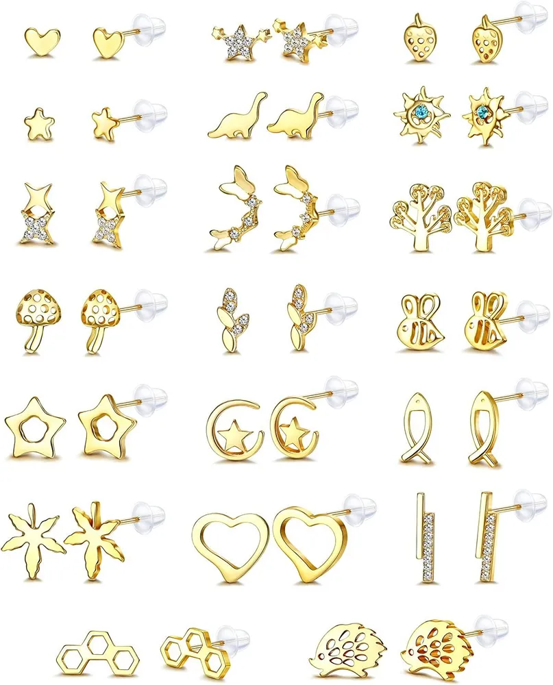 20Pairs Assorted Stainless Stud Earrings for Women Teens Heart Sun Star CZ Cute Animal Geometric Small Bar Stud Earring Set - Grocery