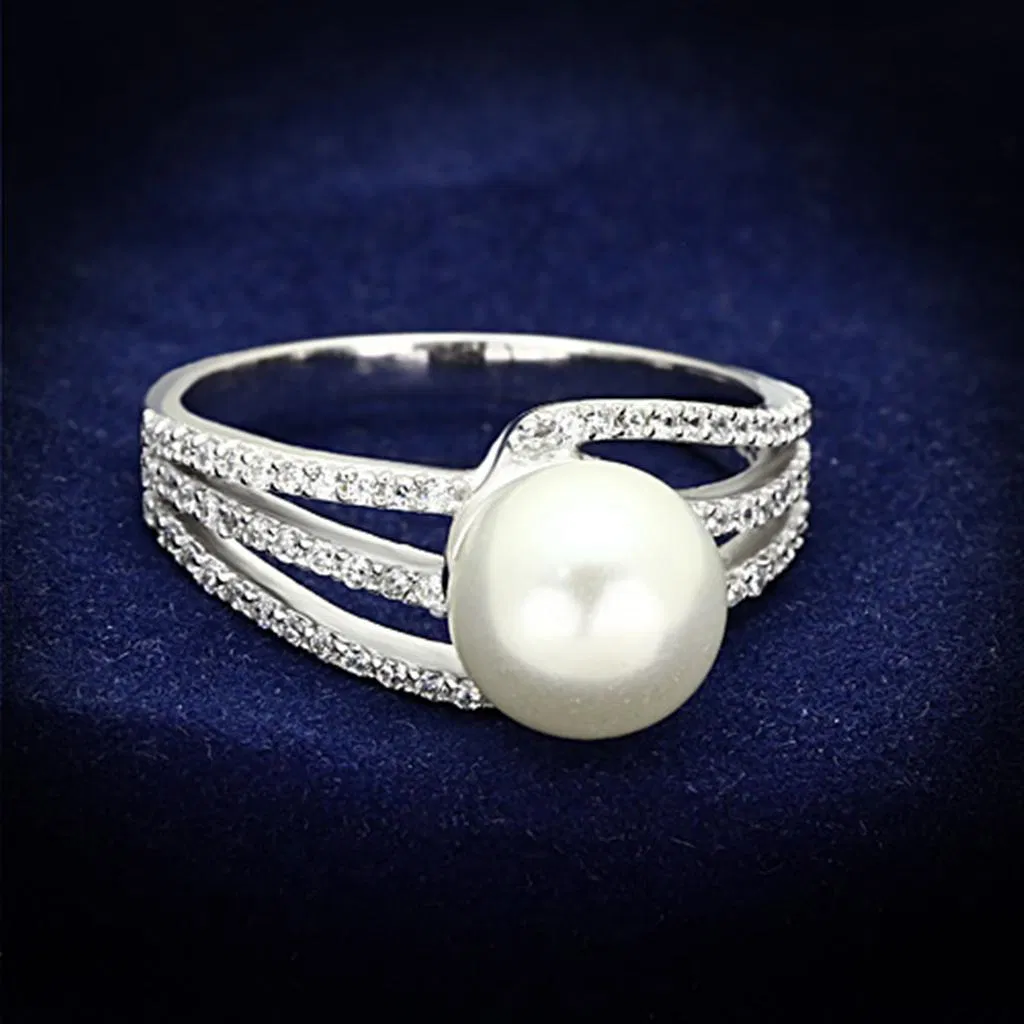 TS170 - Rhodium 925 Sterling Silver Ring with Synthetic Pearl in White - Grocery