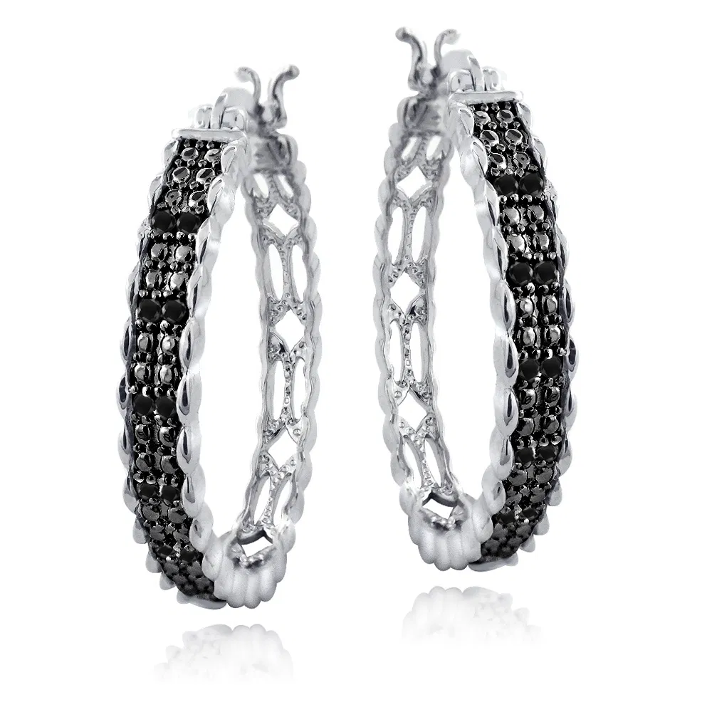 Silver Tone 1/4ct Black Diamond 28mm Round Hoop Earrings - Grocery