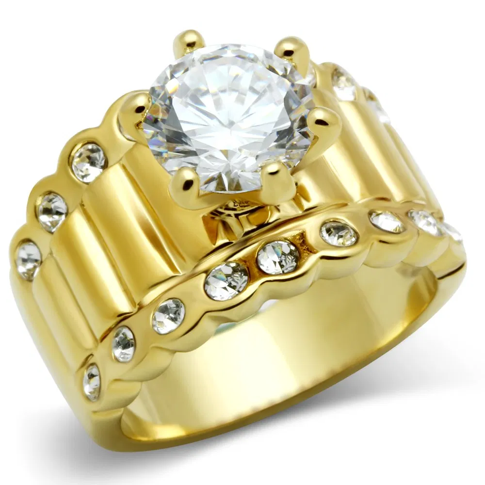 GL095 - IP Gold(Ion Plating) Brass Ring with AAA Grade CZ in Clear - Grocery