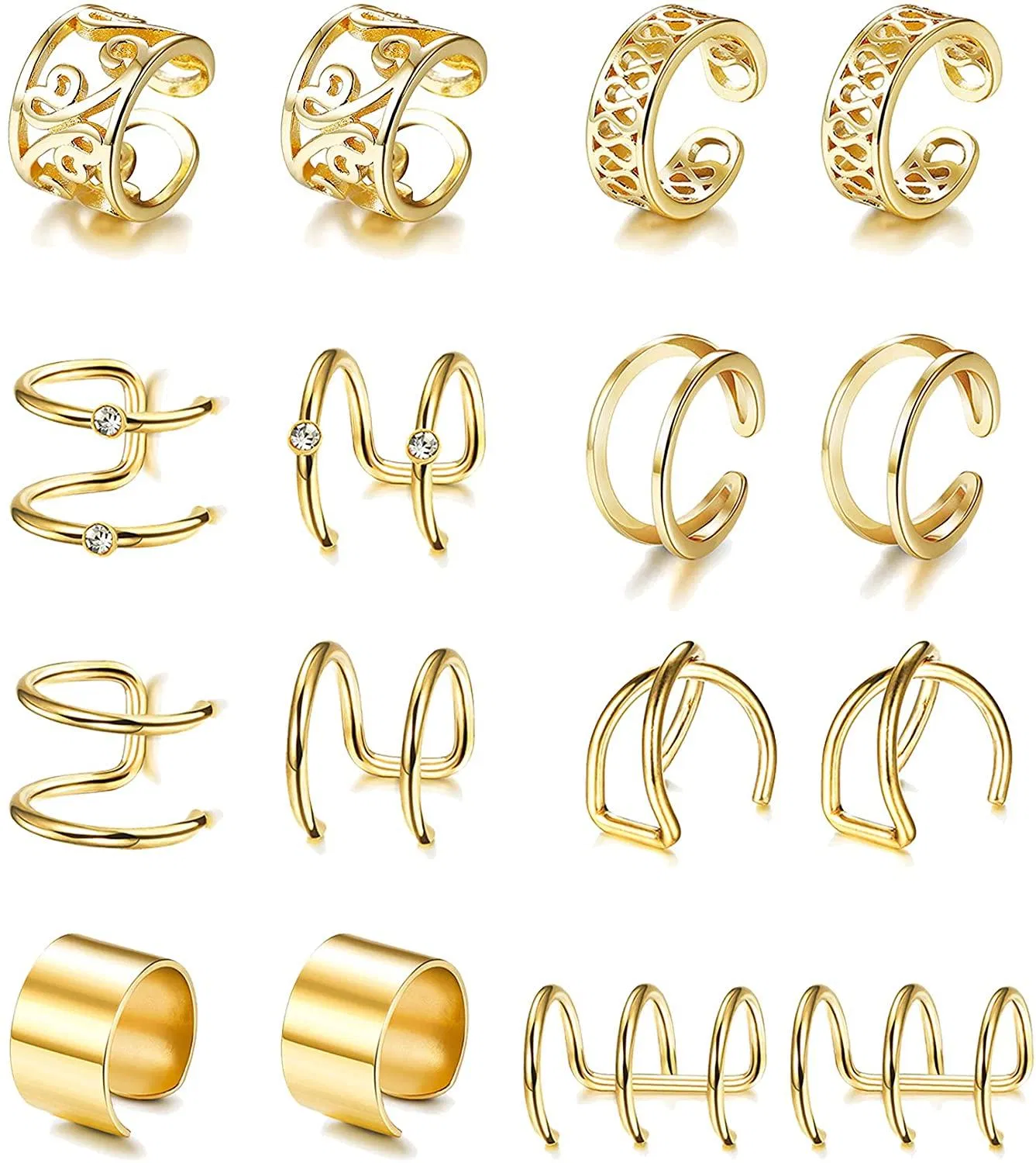 8 Pairs Gold Plated Ear Cuff Earrings for Women Adjustable Fake Clip On Cartilage Helix No Piercing Earrings Set Dainty Ear Clips - Grocery