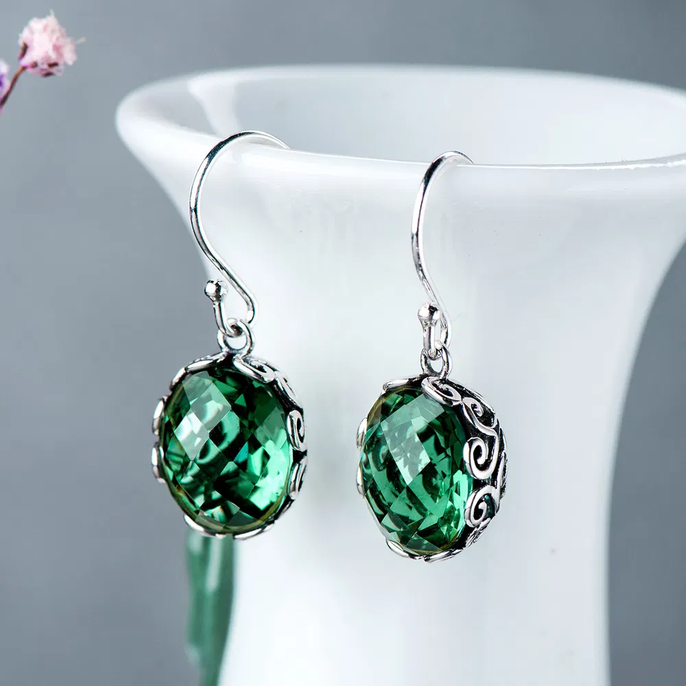 Silver Stone Bay Inlaid Carved Green Crystal Earrings Women's Long Simple S925 Silver Earrings Temperament Earrings - Grocery