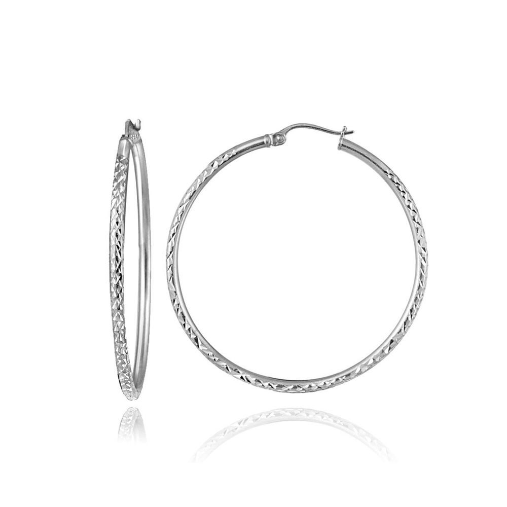 Sterling Silver 2mm Diamond Cut Round Hoop Earrings, 25mm - Grocery