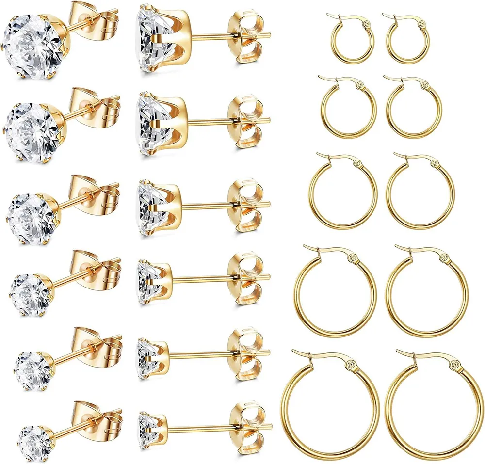 11 Pairs Stud Earrings Hoop Earrings Set for Women Stainless Studs With Cubic Zirconia Round Circle Endless - Grocery