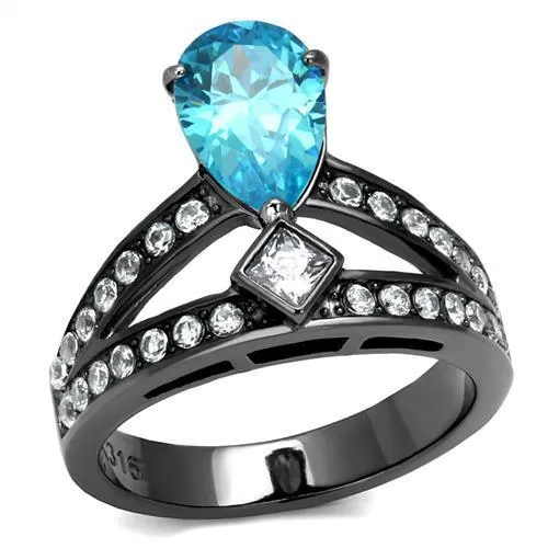 TK2775 - IP Light Black (IP Gun) Stainless Steel Ring with AAA Grade CZ in Sea Blue - Grocery