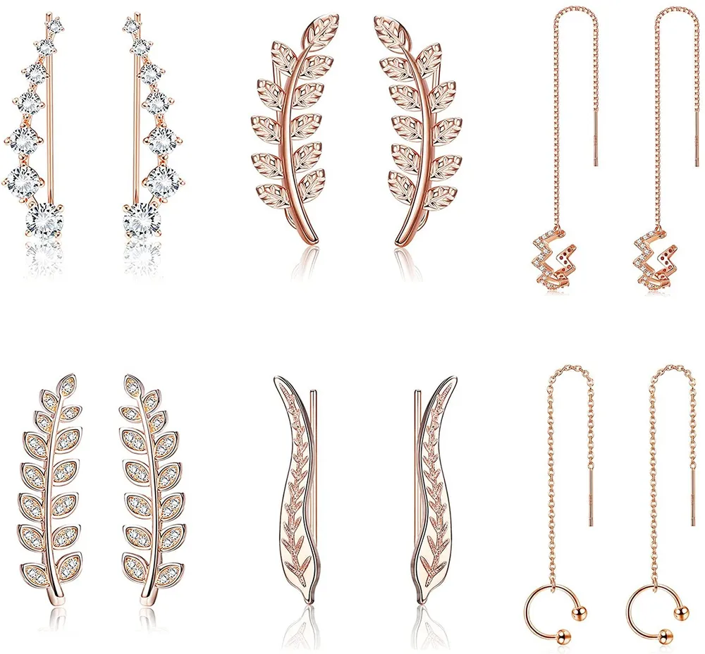 6 Pairs Ear Cuff Climber Hoop Stud Earring CZ Leaf Curved Crawler Ear Jackets Wave Cuff Wrap Tassel Threader Chain Earring Set for Women - Grocery